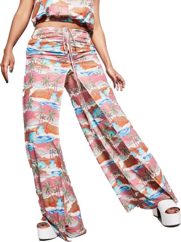 Women's Chic Outerwear Outfit Womens Tropical Printed Drawstring Wide Leg Pants