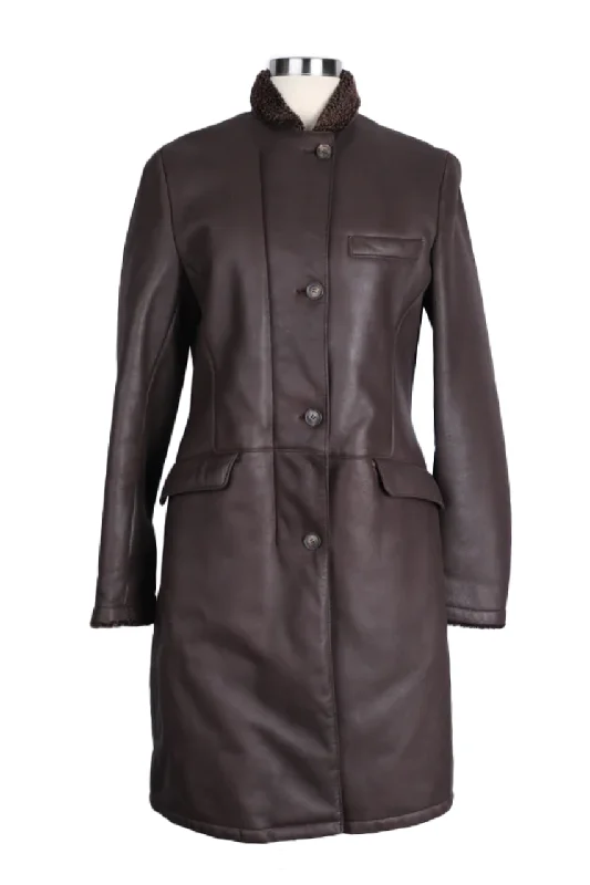 Women's High Street Fashion Leather Shearling Lined Overcoat-Brown