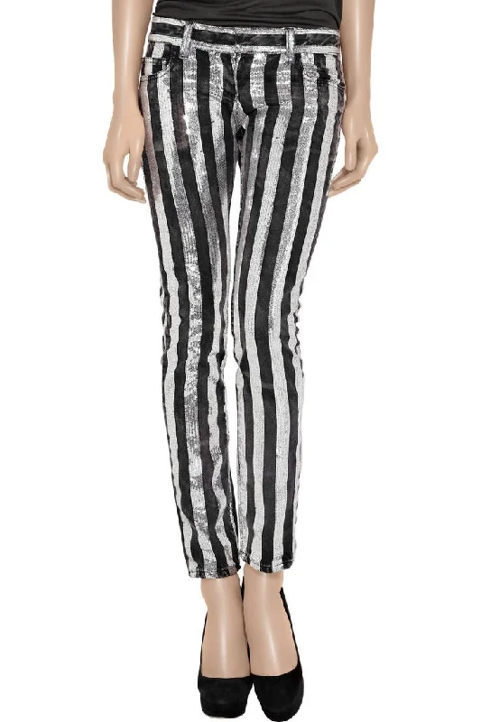 Women's Contemporary Clothing Balmain - Black and Silver Embellished  Striped Jeans - FR 40