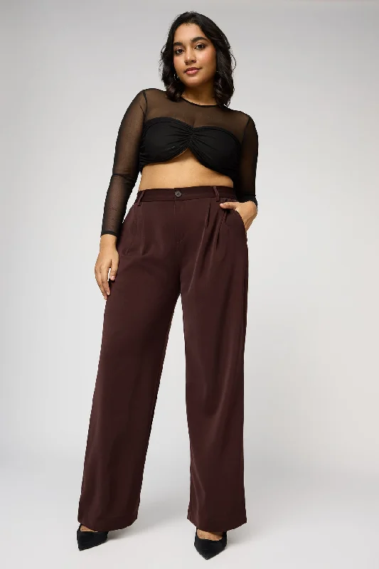 Women's Fashion-Forward Apparel Burnt Sienna Curve Pleated Straight Korean Pants