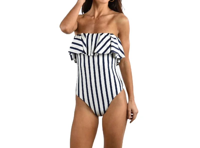 Affordable Women's Fashion Stripe Ruffle Top One Piece In Ivory/navy