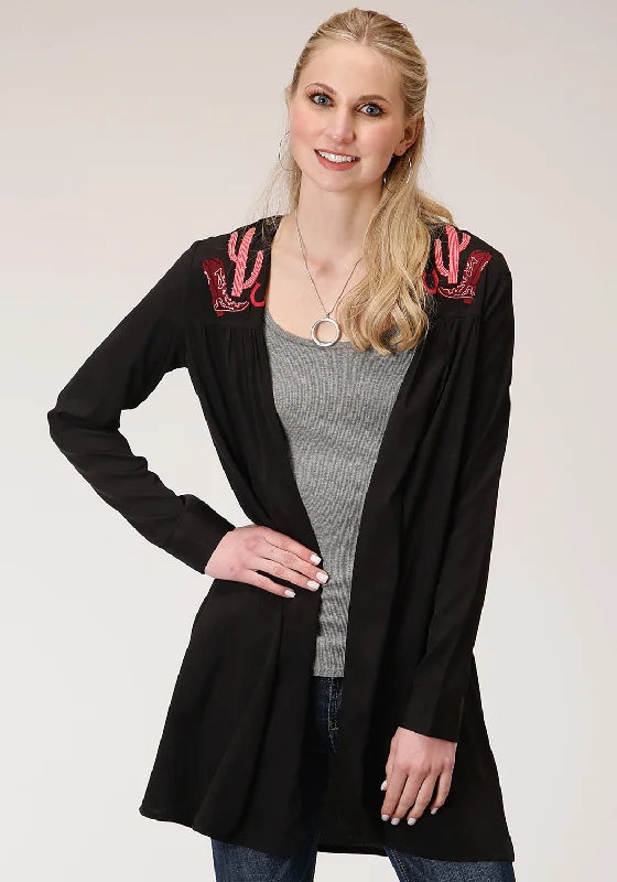 Women's Comfortable Garments Roper Womens Black Polyester Pink Cactus Cardigan