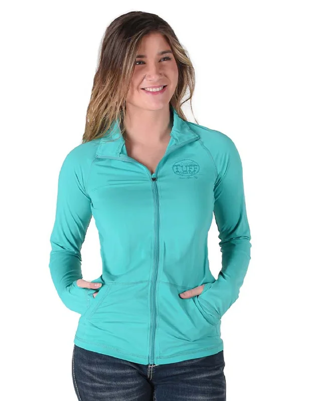 Women's Activewear Attire Cowgirl Tuff Womens Full Zip Cadet UPF Turquoise Nylon Softshell Jacket