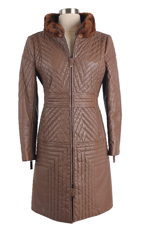 Women Wear Brands Quilted Leather Coat W/ Mink Collar