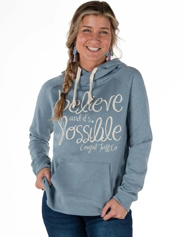 Women's Trendy Attire Cowgirl Tuff Womens Believe Junior Fit Light Blue Poly/Rayon Hoodie