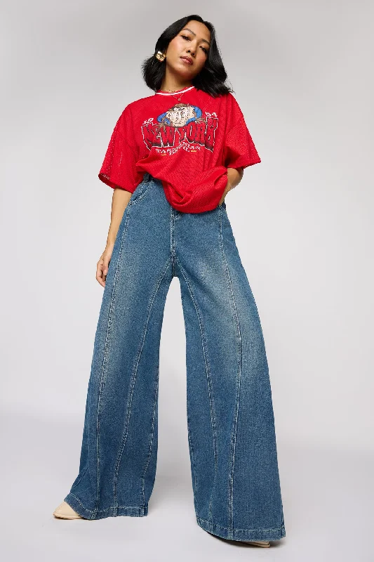 Women's Vintage Garments Classic Navy Denim Flared Korean Pants