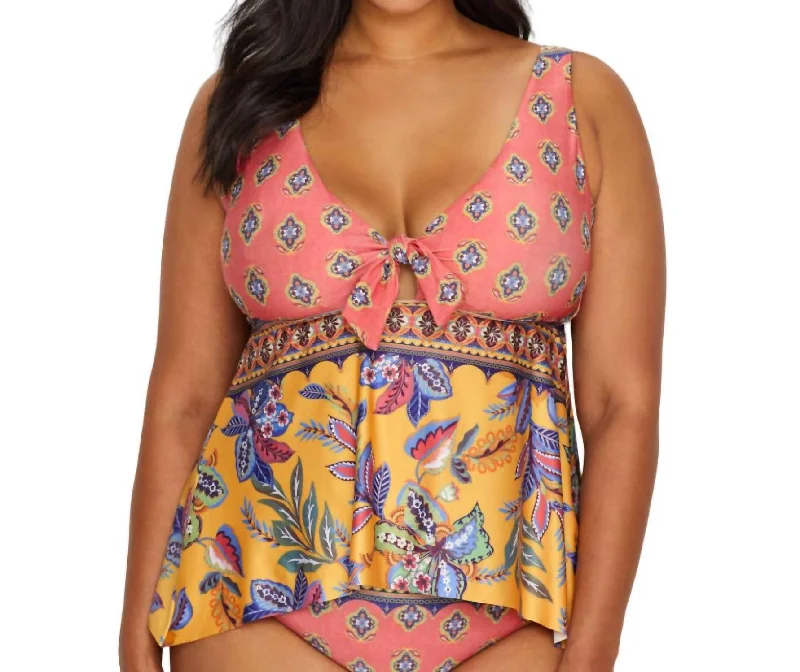 Women's Fashionable Attire For Work Etc. Tapestry Bloom Tie Front Tankini In Multi