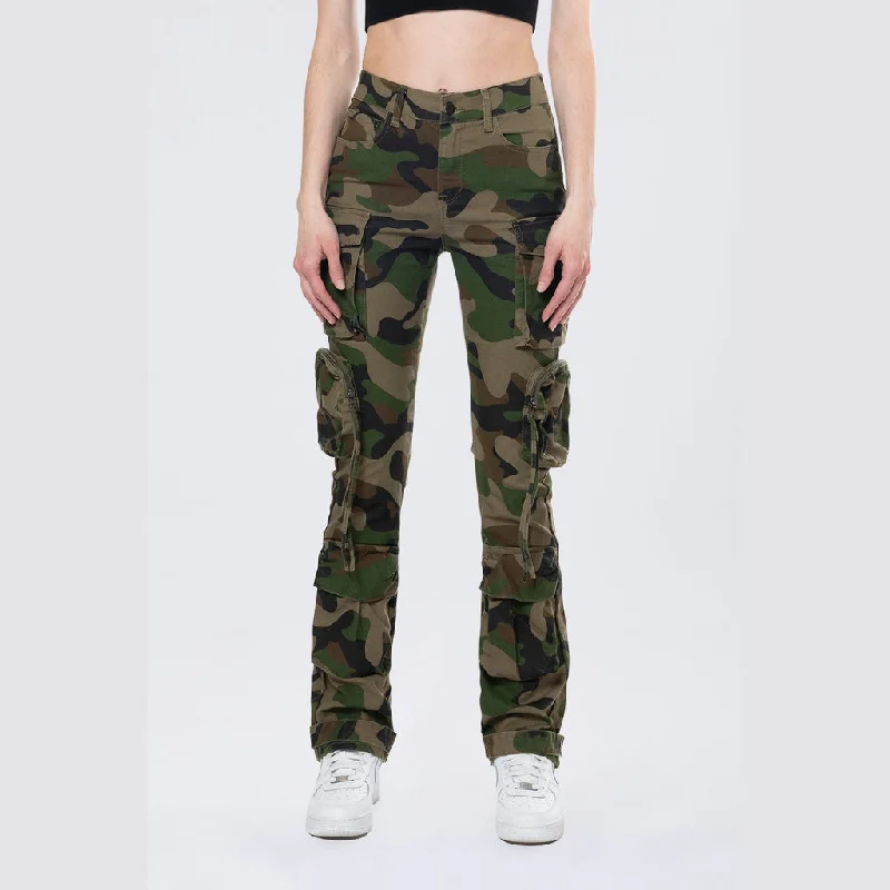 Women's Seasonal Clothes High Rise Straight Leg Utility Cargo Pants - Wood Camo