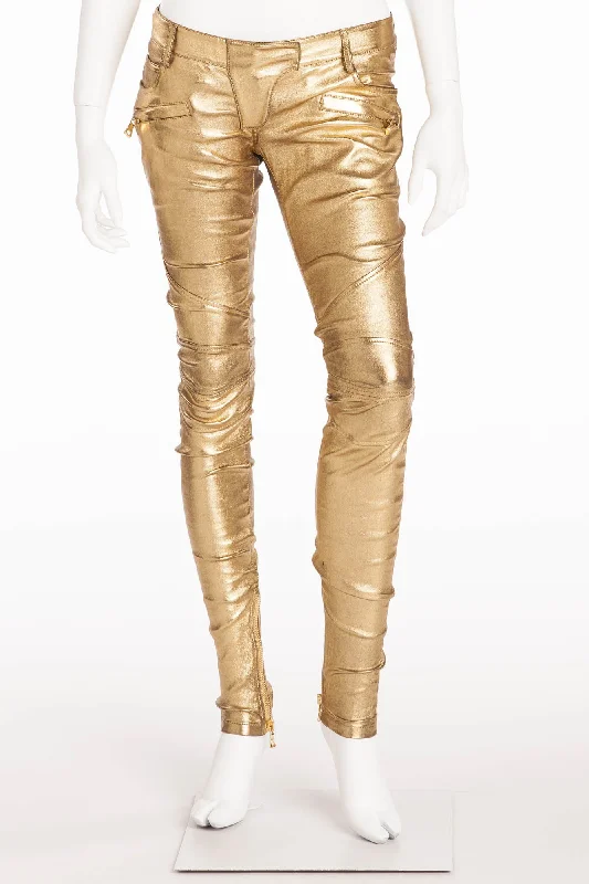 Women Wear Boutique Balmain - New with Tags Gold Leather Skinny Jeans - FR 38