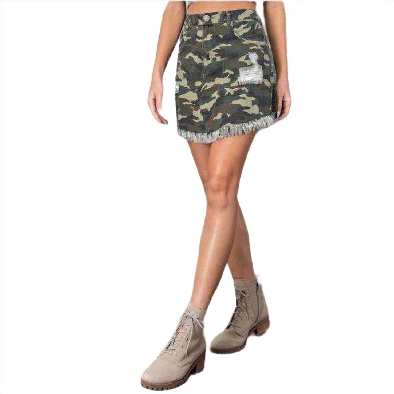 Women's Contemporary Clothing Distressed Frayed Skirt In Camo Print