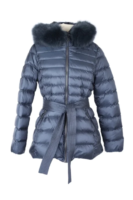 Winter Wardrobe Clearance Belted Down Filled Puffer Jacket w/ Fur Hood