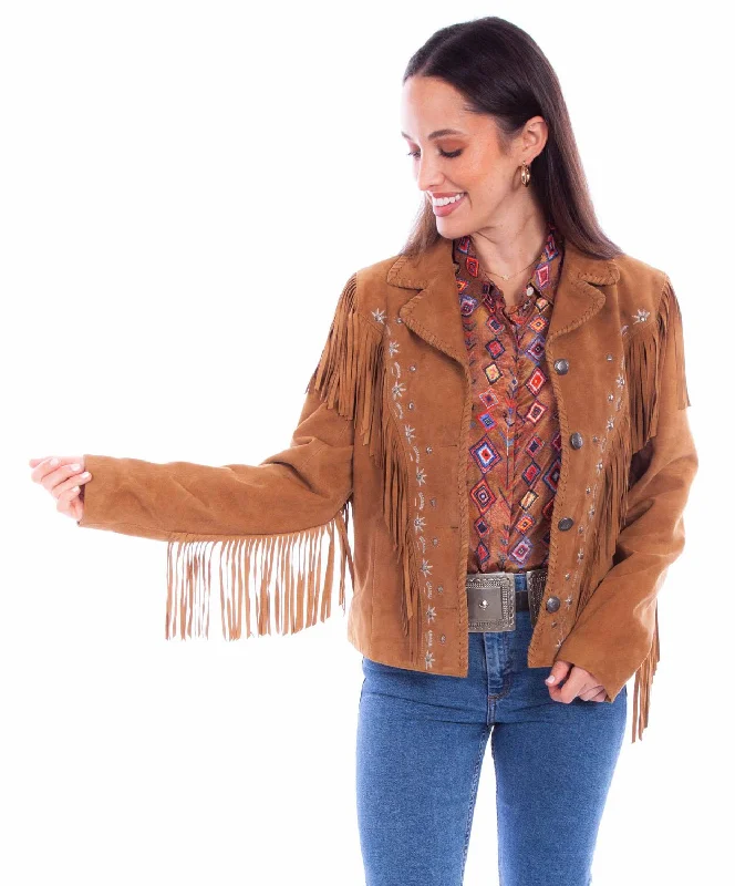 Women's Romantic Outfit Scully Womens Western Fringe Button Tan Leather Leather Jacket