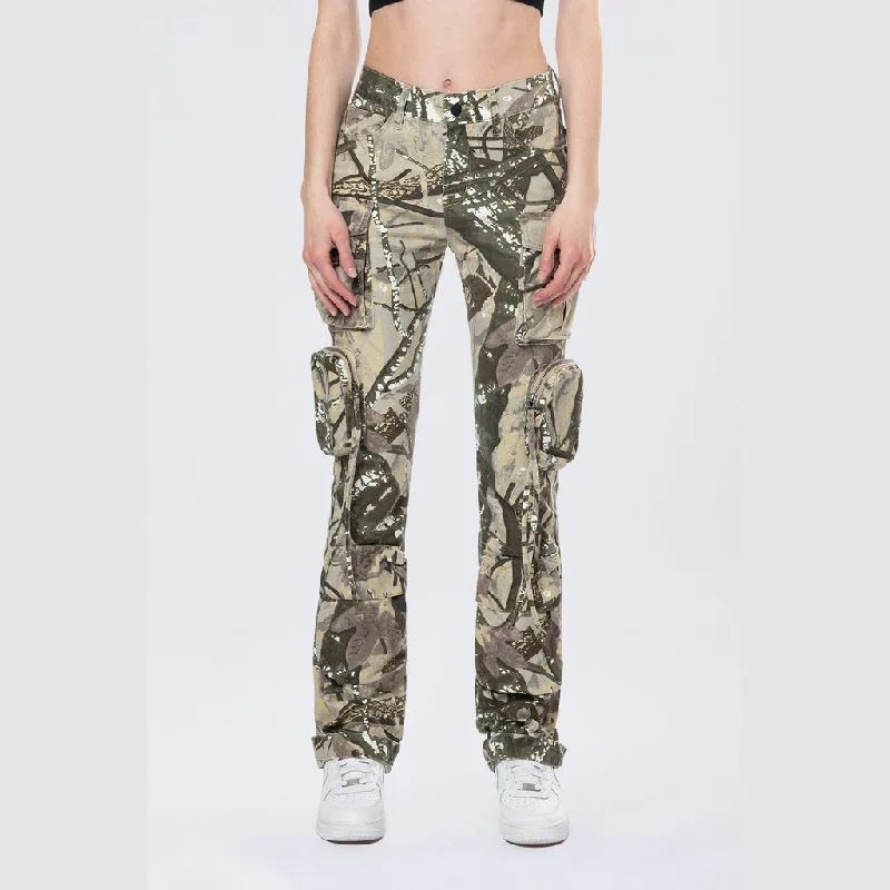 Women's Sporty Clothes High Rise Straight Leg Utility Cargo Pants - Olive Hunting Camo