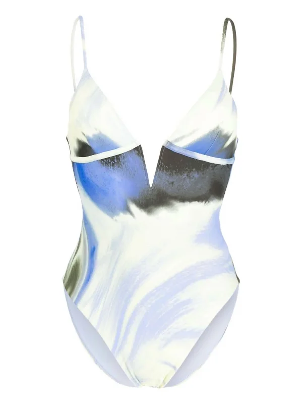 Women's Layered Outfit Maelle V-Neck One Piece Swimsuit In Marina Blue Print