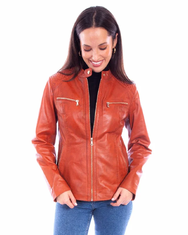 Fashionable Women's Outfit Scully Womens Cafe Racer Zip Rust Leather Leather Jacket