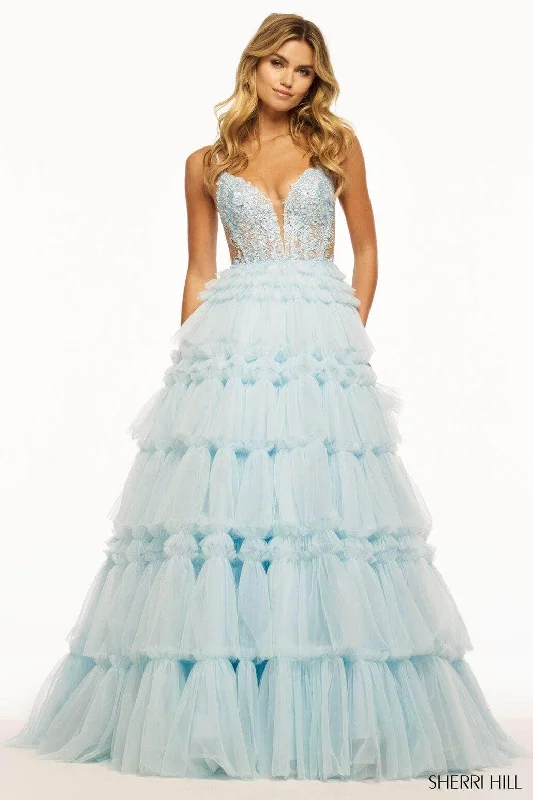 Women's Occasion Wear Apparel Sherri Hill 56102 - Lace Appliqued Tiered Gown