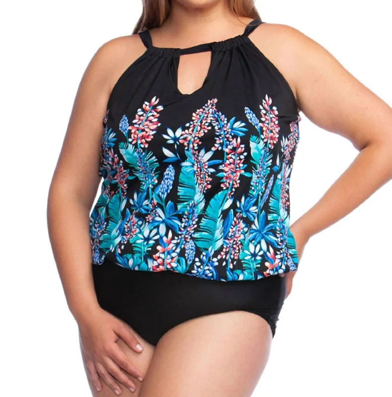 Clothes For Women High Neck Keyhole Blouson One Piece Swimsuit - Plus Size In Prairie Dreams