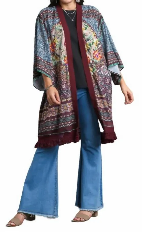 Women's Street Style Casual Wear Open Front Print Kimono In Maroon Mix Plus