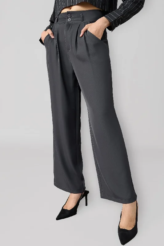 Women's Fashionable Attire For Work Charcoal Grey Korean Pleated Pants