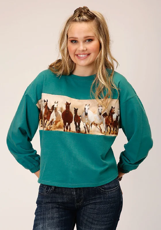 Women's Outfit Roper Womens Running Horses Blue 100% Cotton Sweatshirt