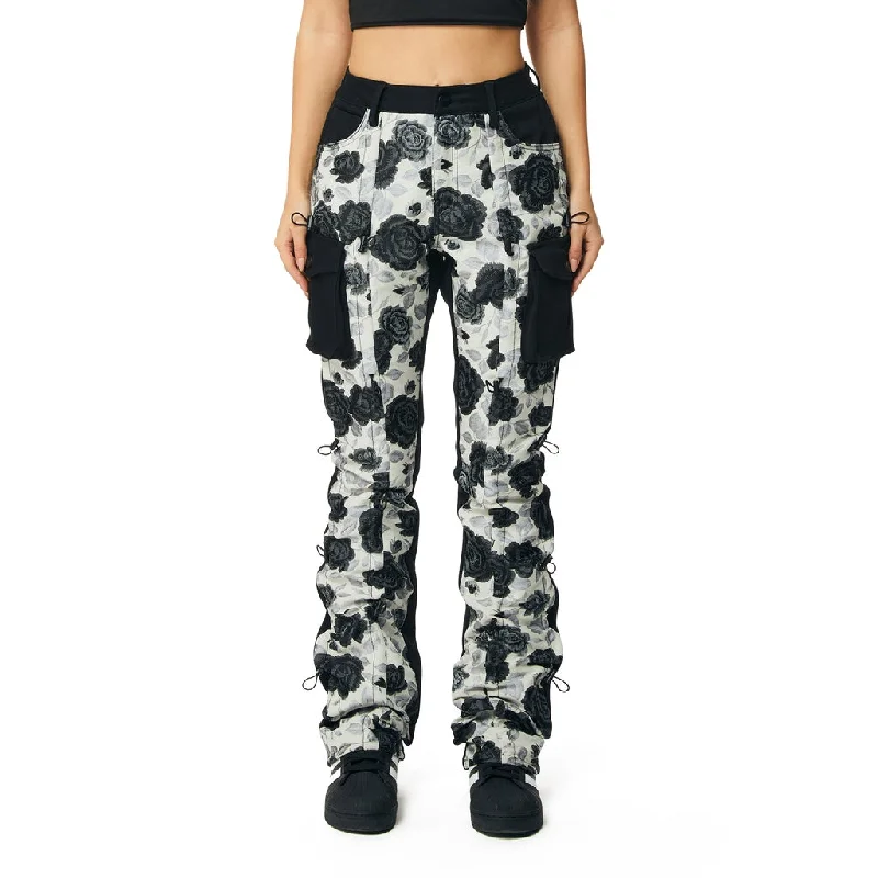 Bundle Offer High Rise Stacked Flower Twill Pants - Black