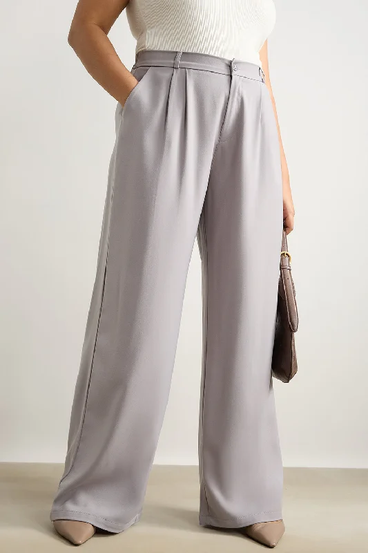 Women's Party Clothes Light Grey Pleated Straight Fit Curve Korean Pant