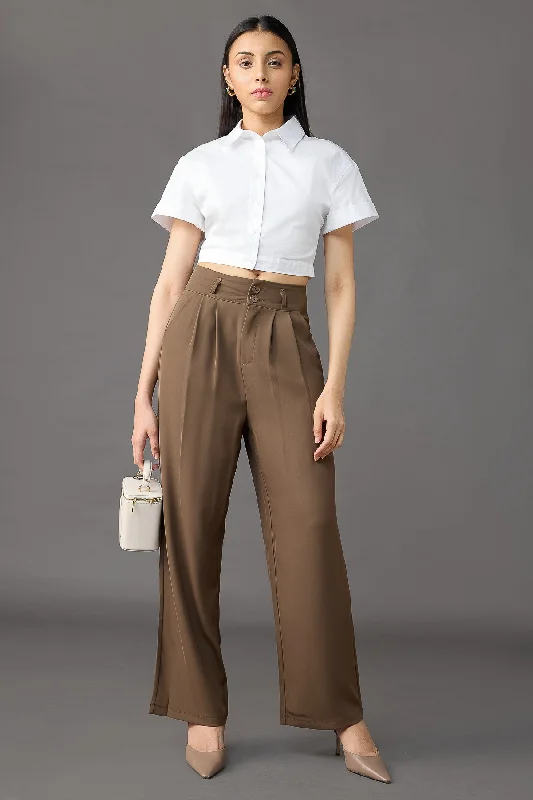 Women's Elegant Outfit Classic Pleated Wide Leg Korean Pants - Olive Brown