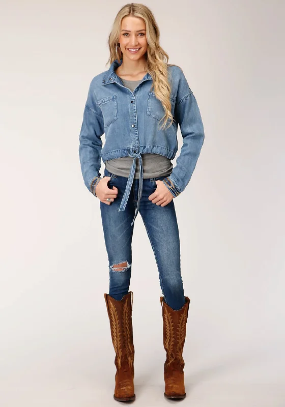 Women's Stylish Casual Garments Stetson Womens Denim Denim Fold Down Stand Collar Jacket