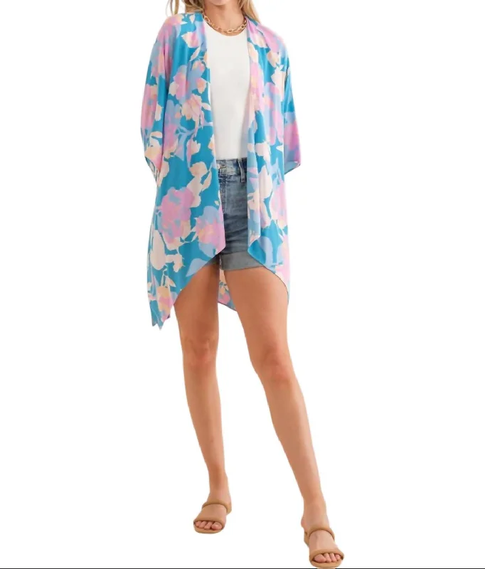 Sustainable Women's Apparel Floral Kimono In Blue