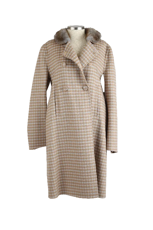 Clothing Sales Plaid Wool Dress Coat W/ Mink Fur Collar