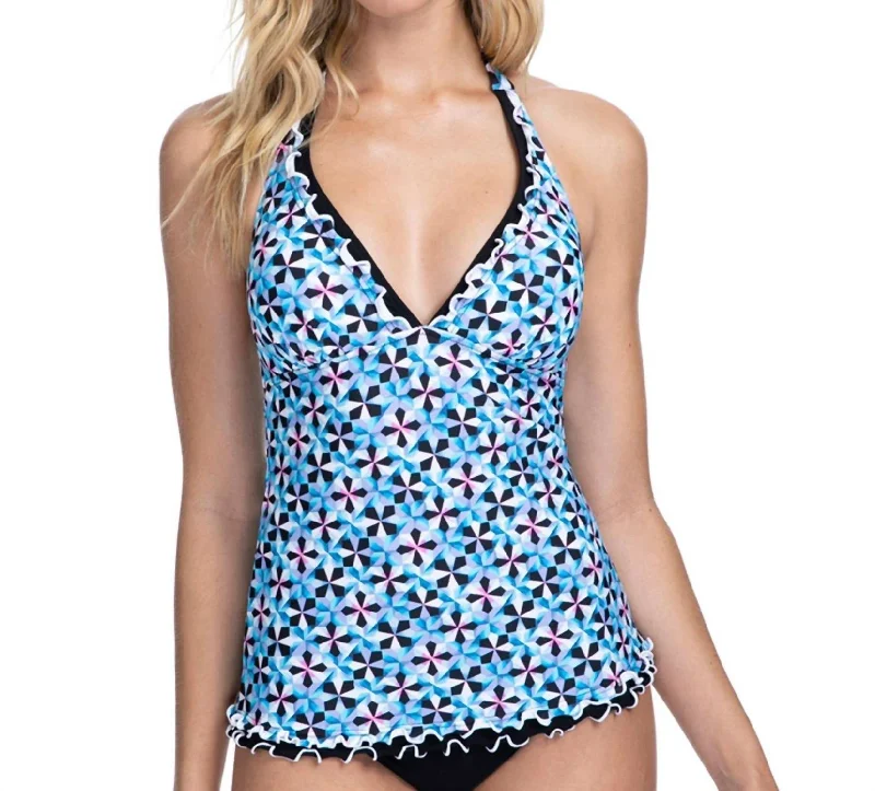 Minimalist Women's Fashion Clothing V-Neck Halter Tankini Top In Pinwheel