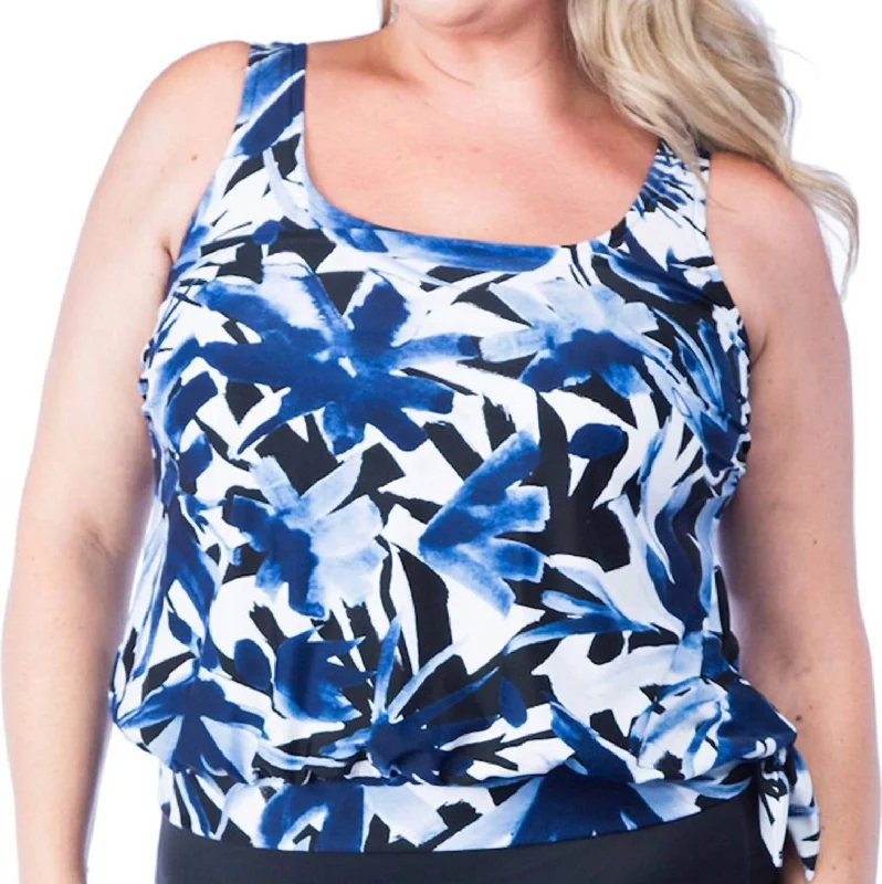 Clothes Woman Floral Blouson Tankini Top - Plus Size In Max Navy Ink