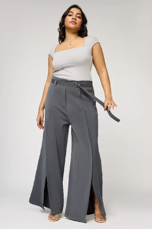 Women Online Clothing Boutiques Dove Grey Curve Belted Flared Korean Pants