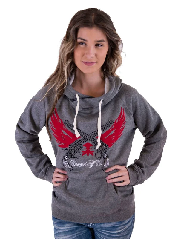 Women's Resort Attire Cowgirl Tuff Womens Guns and Wings Bling Gray Poly/Rayon Hoodie