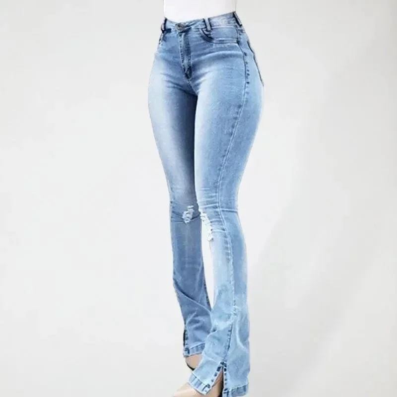 Trendy Boutiques Online Women Jeans - High Waist Slit Flared Jeans