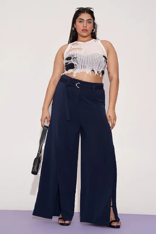 Holiday Gift Guide Sale Mystic Navy Curve Belted Flared Korean Pants