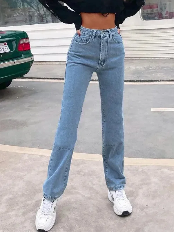 Luxury Women's Fashion Women Denim Jeans - High Waist Straight-leg