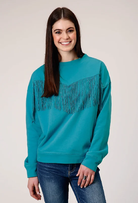 Designer Women's Fashion Online Roper Womens Fringe Turquoise 100% Cotton Sweatshirt