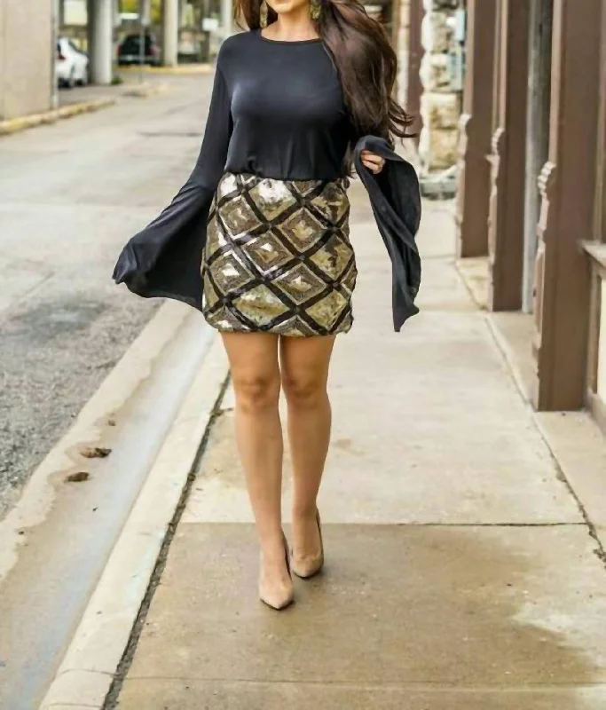 Women's Clothing Boutique Geometric Beaded Skirt In Black And Gold