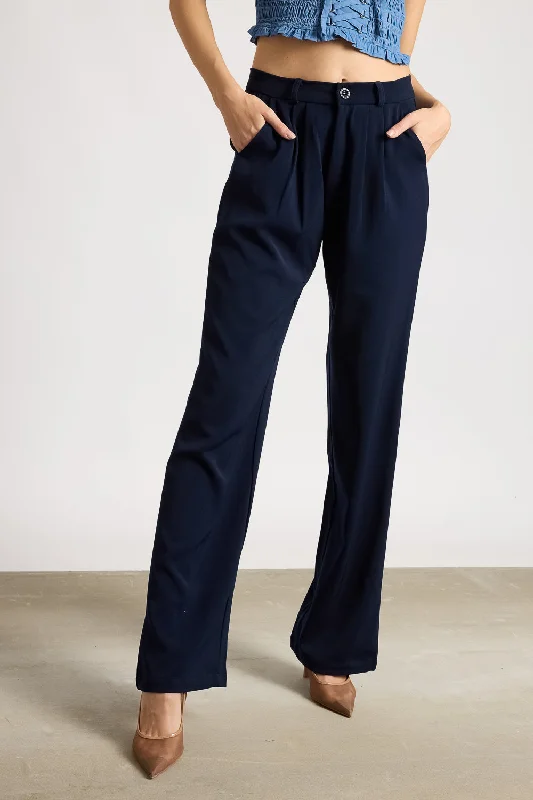 Exclusive Discount Women's Pleated Navy Blue Korean Pant