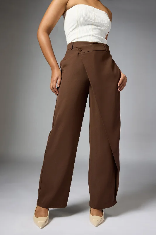 Stylish Women's Outerwear Apparel Cedar Brown Wrap Front Korean Pants