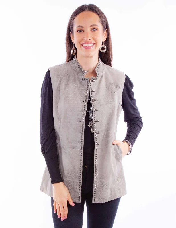 Women's Cozy Outfit For Lounging Scully Womens Studded Button Up Grey Leather Leather Vest