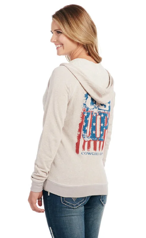 Women's Casual Garments Cowgirl Up Womens Patriotic Zip Up Oatmeal Cotton Blend Hoodie