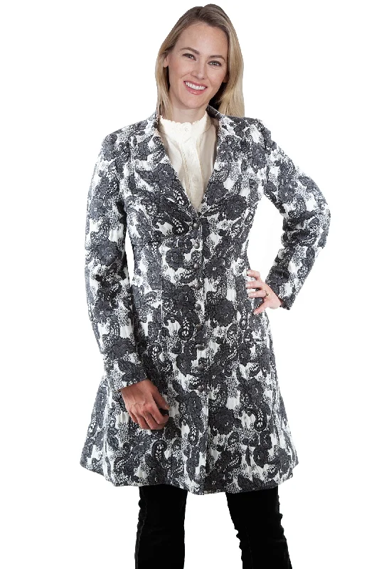 Women's Athletic Clothes Scully Womens Black/White Polyester Damask Frock Coat