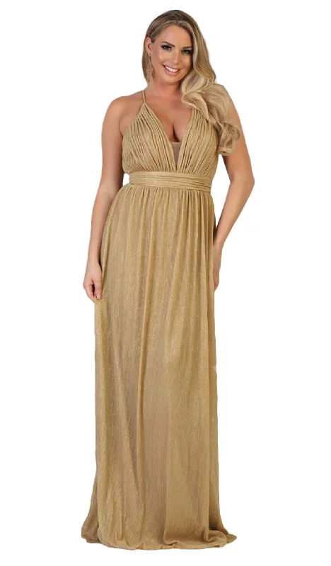 Women's Sporty Clothes May Queen - MQ1635SC Ruched Plunging V-Neck A-Line Gown