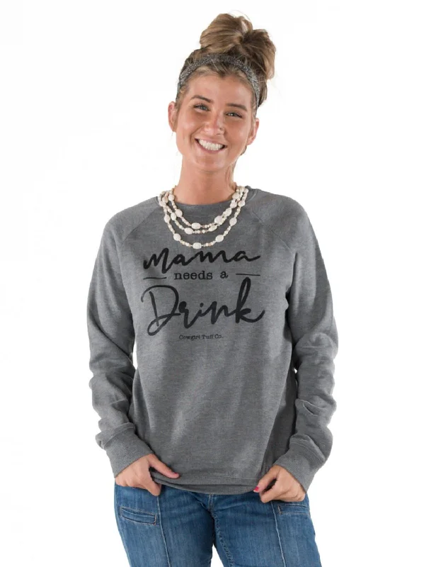 Women's Travel Outfit Set Cowgirl Tuff Womens Mama Needs A Drink Heather Gray Poly/Rayon Sweatshirt