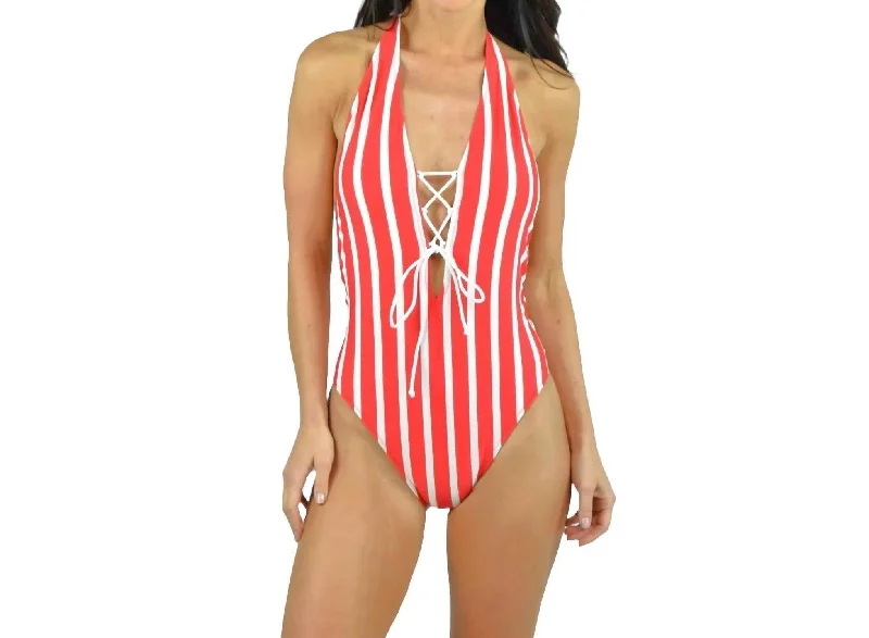 Everyday Women's Fashion Trends Stripe Laced Front Halter One Piece Swimsuit In Red/ivory