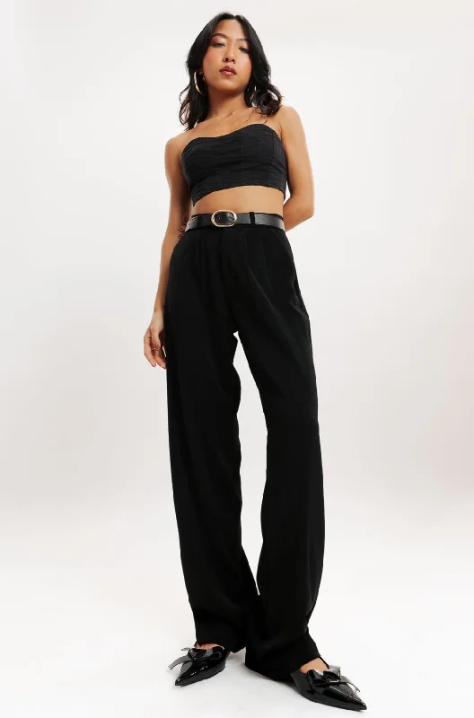 Women's Evening Wear Attire Black Pleated Straight Fit Korean Pant