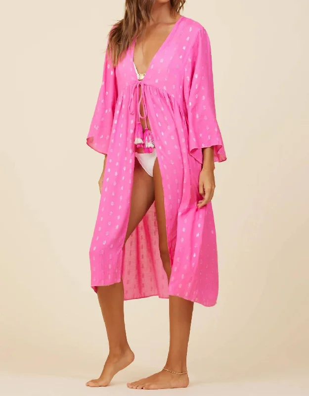 Comfortable Casual Wear Clipped Metallic Kimono In Hot Pink